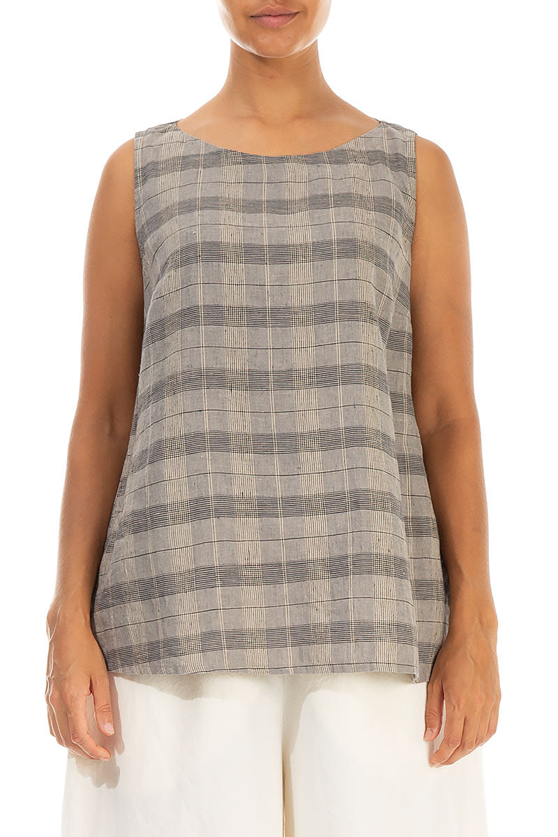 Sleeveless Greige Check Linen Tunic