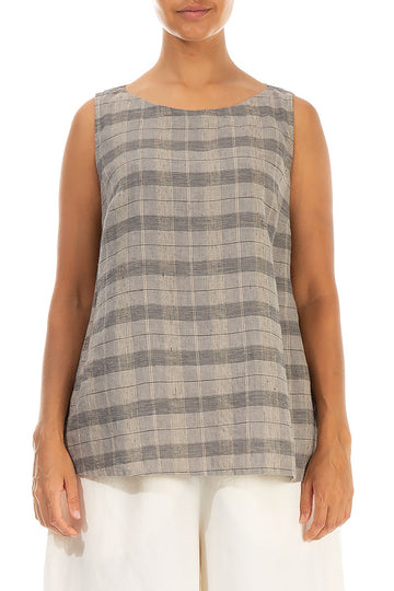 Sleeveless Greige Check Linen Tunic