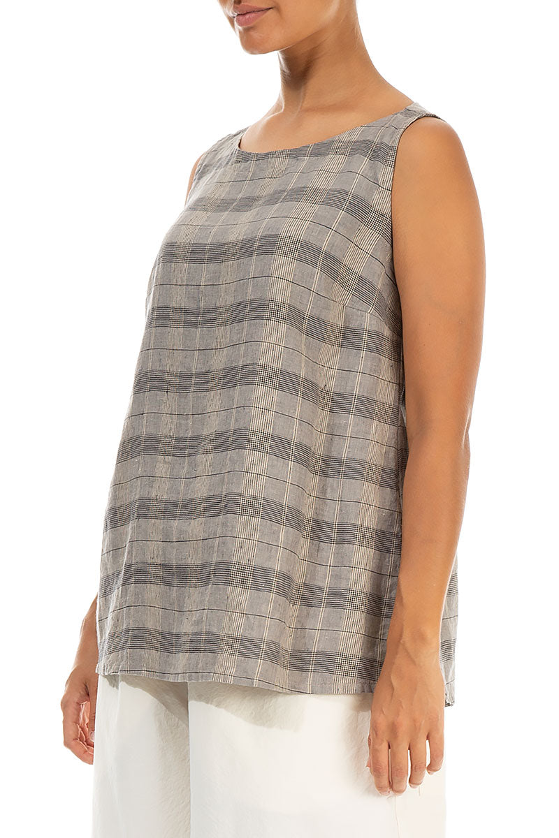 Sleeveless Greige Check Linen Tunic