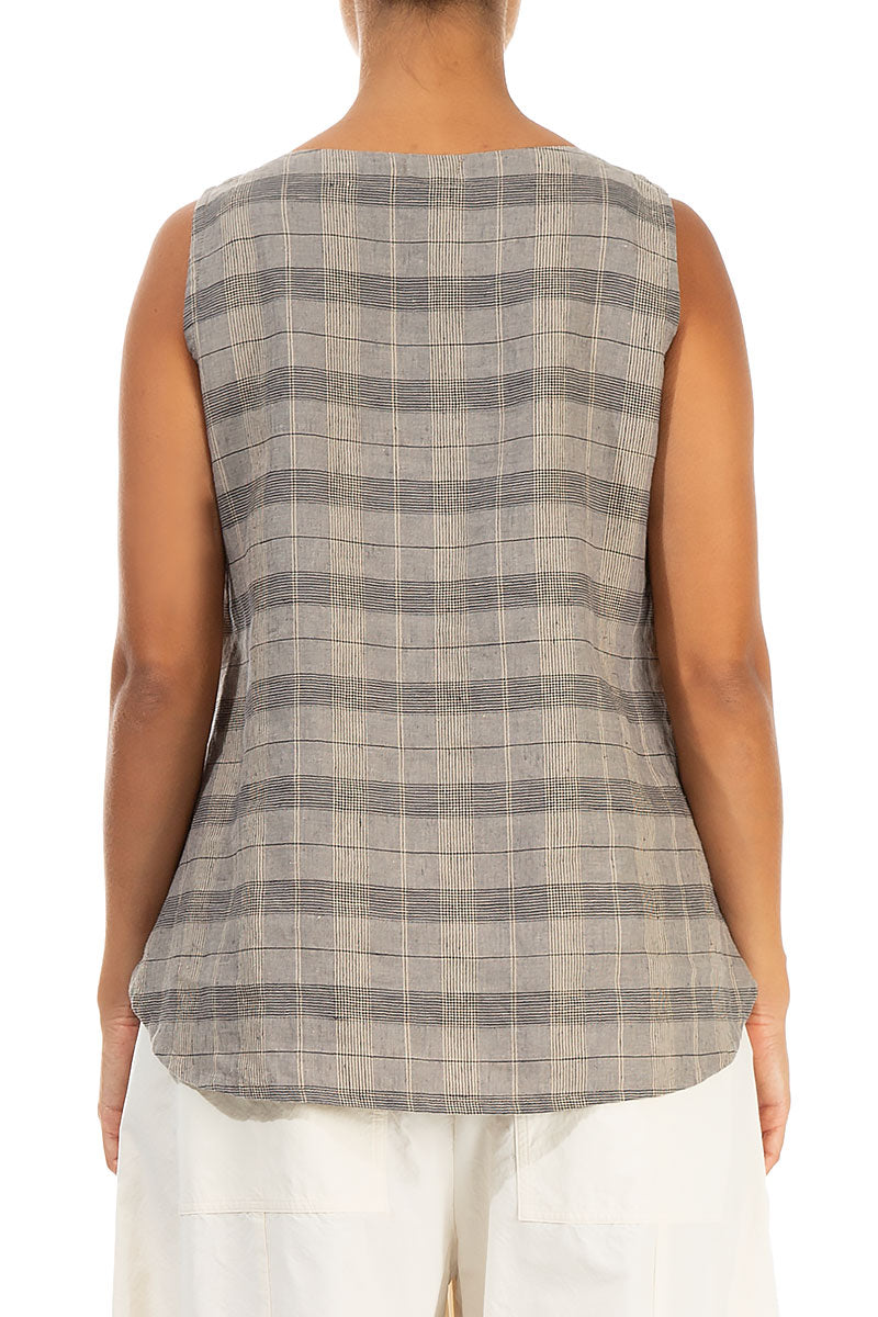 Sleeveless Greige Check Linen Tunic