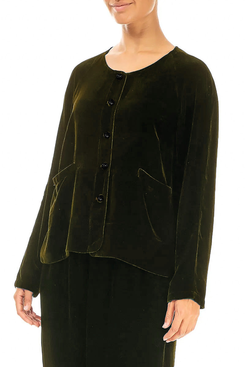 Minimal Button Forest Mist Silk Velvet Jacket
