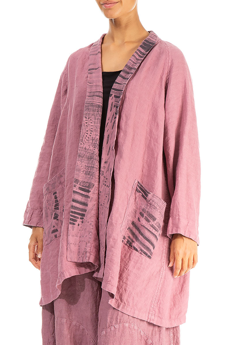 Open Printed Back Mauve Taupe Linen Jacket