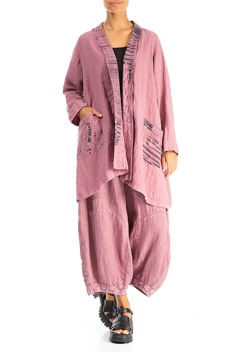 Open Printed Back Mauve Taupe Linen Jacket
