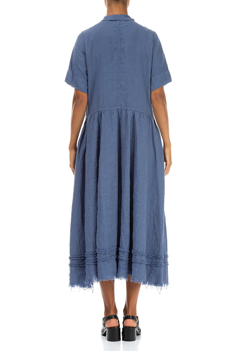Peter Pan Collar Raw Hem Blue Nova Linen Dress