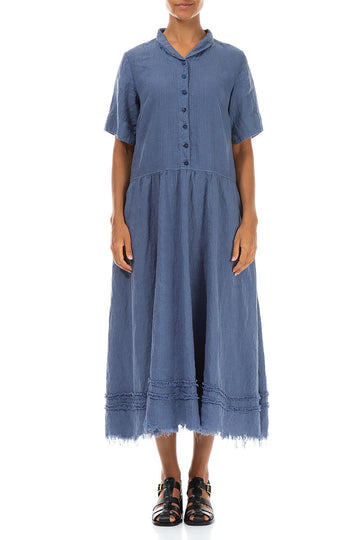 Peter Pan Collar Raw Hem Blue Nova Linen Dress