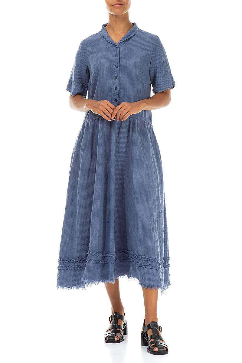 Peter Pan Collar Raw Hem Blue Nova Linen Dress