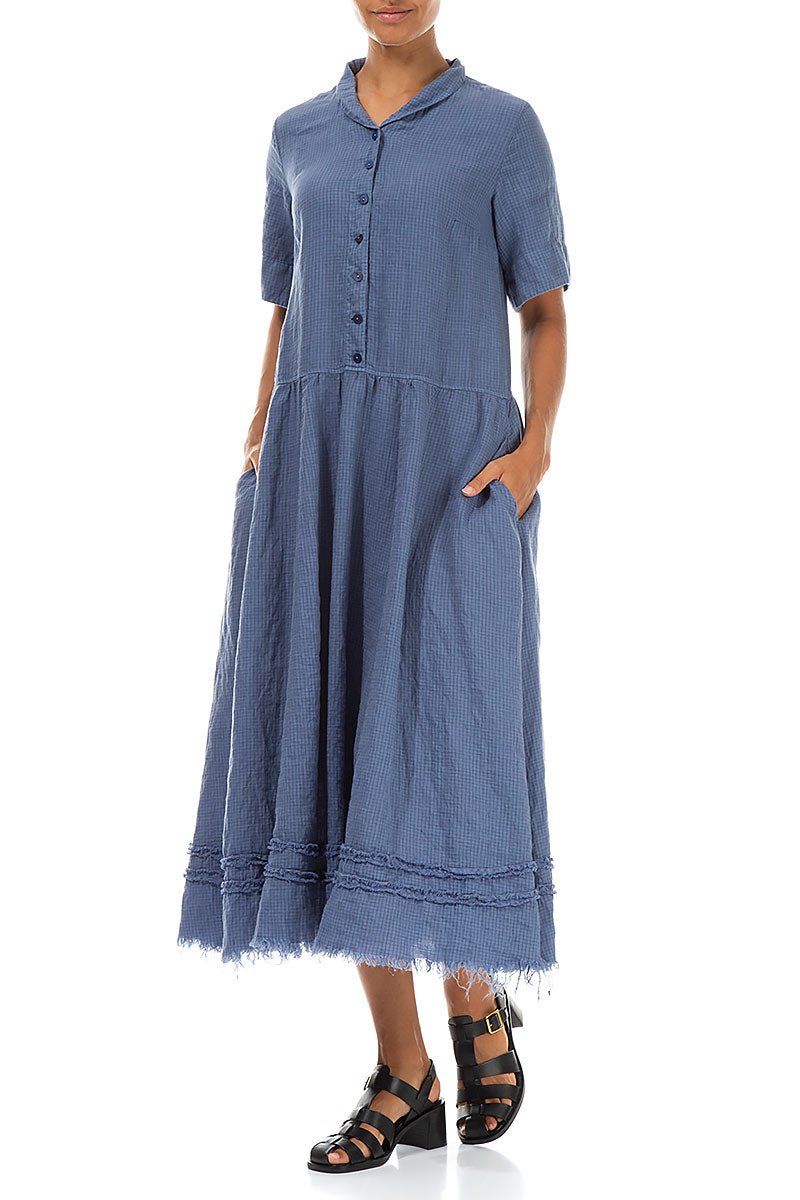 Peter Pan Collar Raw Hem Blue Nova Linen Dress
