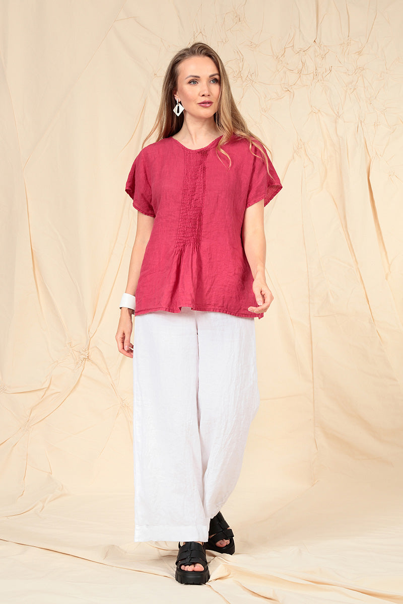 Pin-Tucked Raspberry Linen Blouse