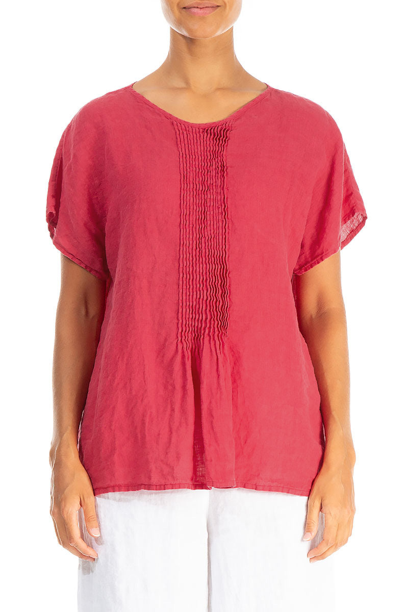 Pin-Tucked Raspberry Linen Blouse