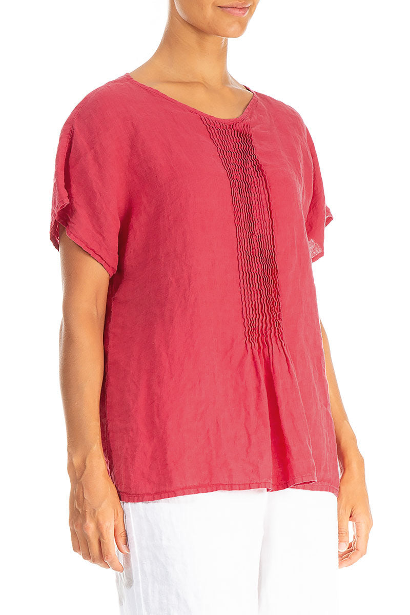Pin-Tucked Raspberry Linen Blouse