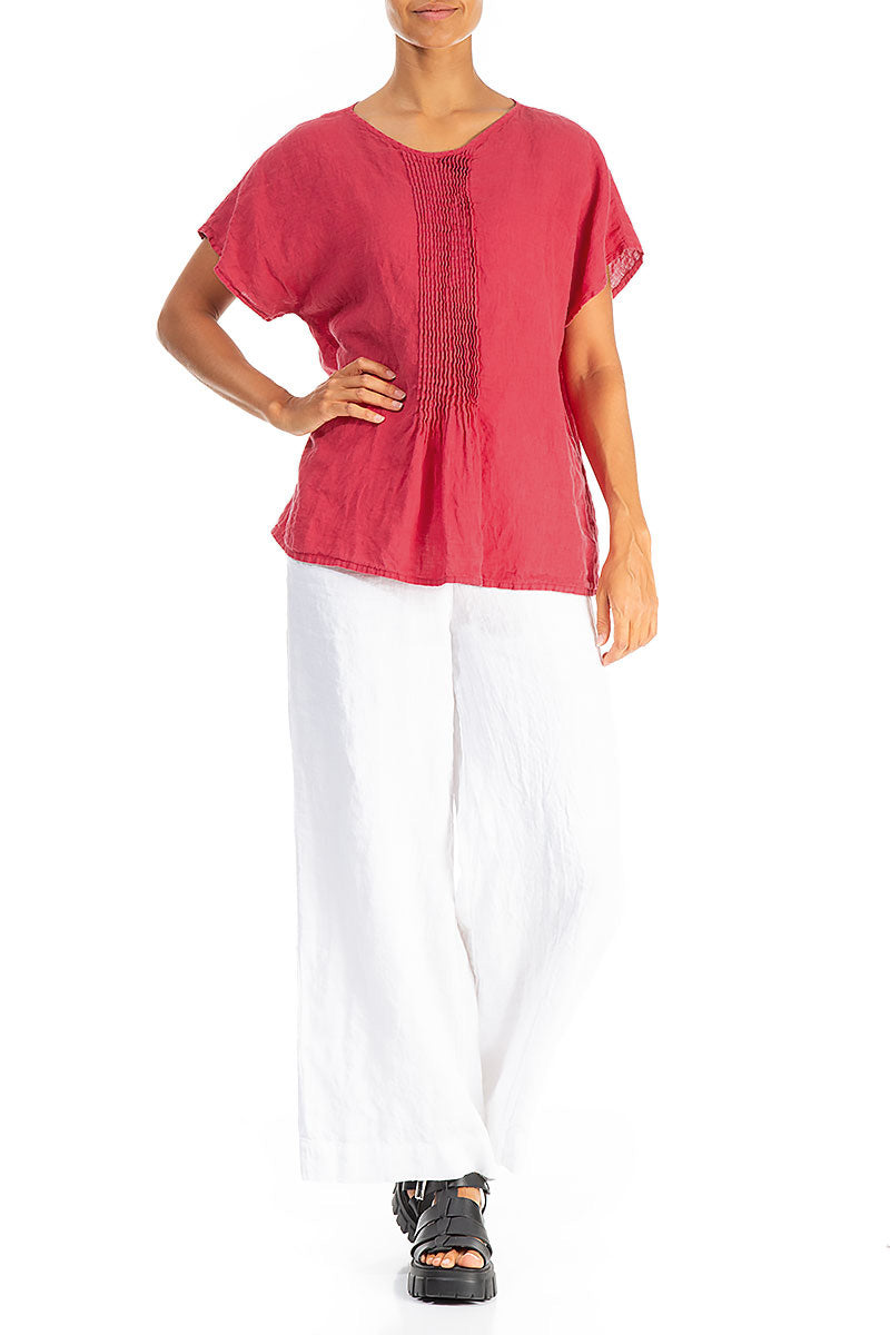 Pin-Tucked Raspberry Linen Blouse