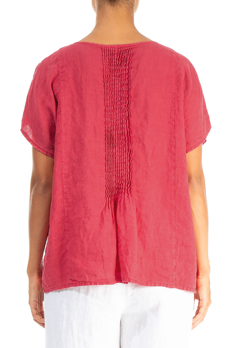 Pin-Tucked Raspberry Linen Blouse