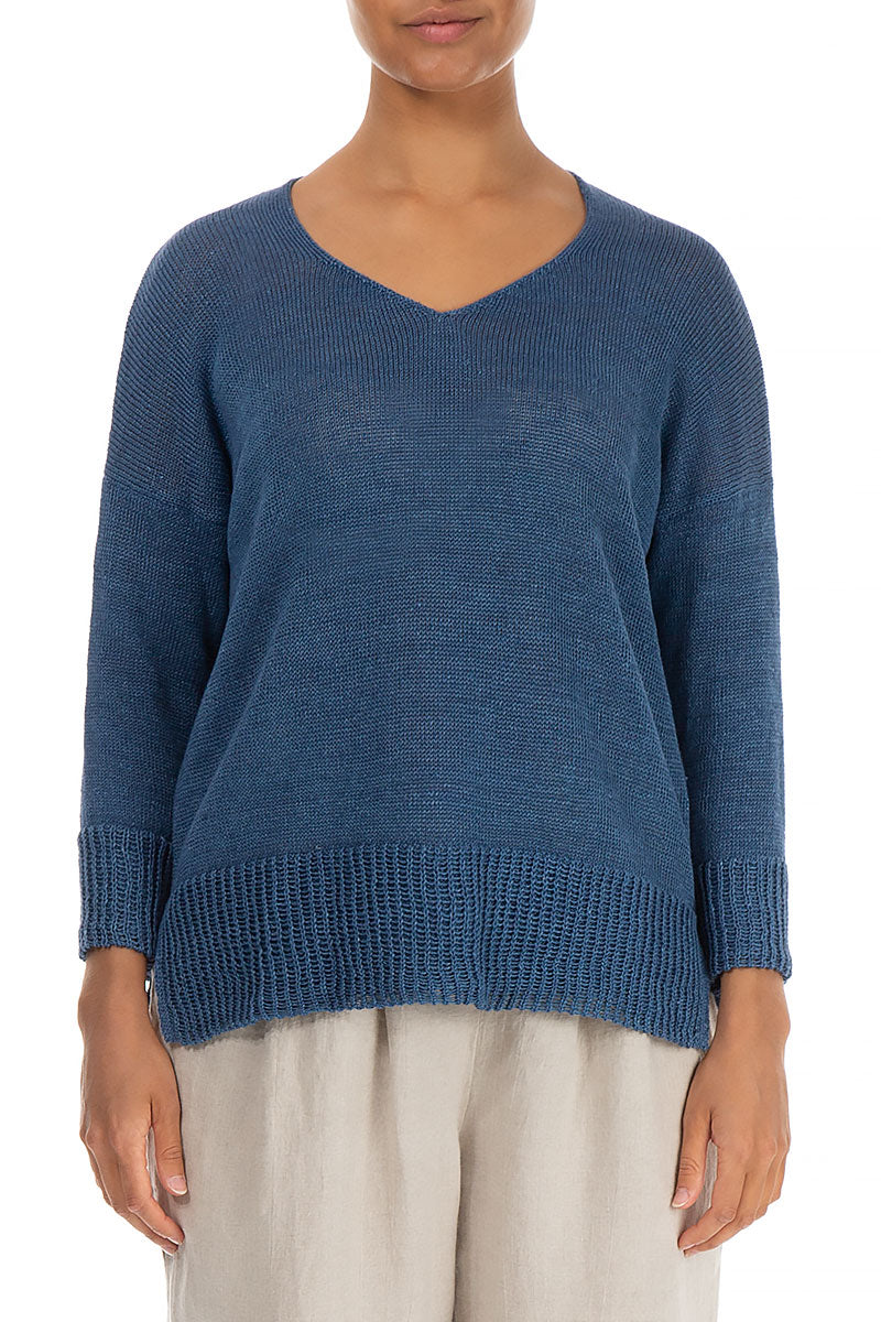 Ribbed Hem Blue Linen Jumper