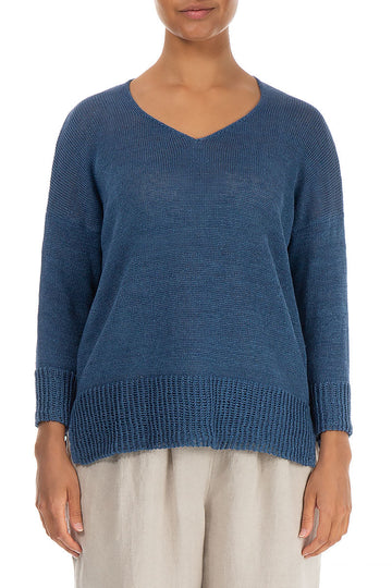Ribbed Hem Blue Linen Jumper