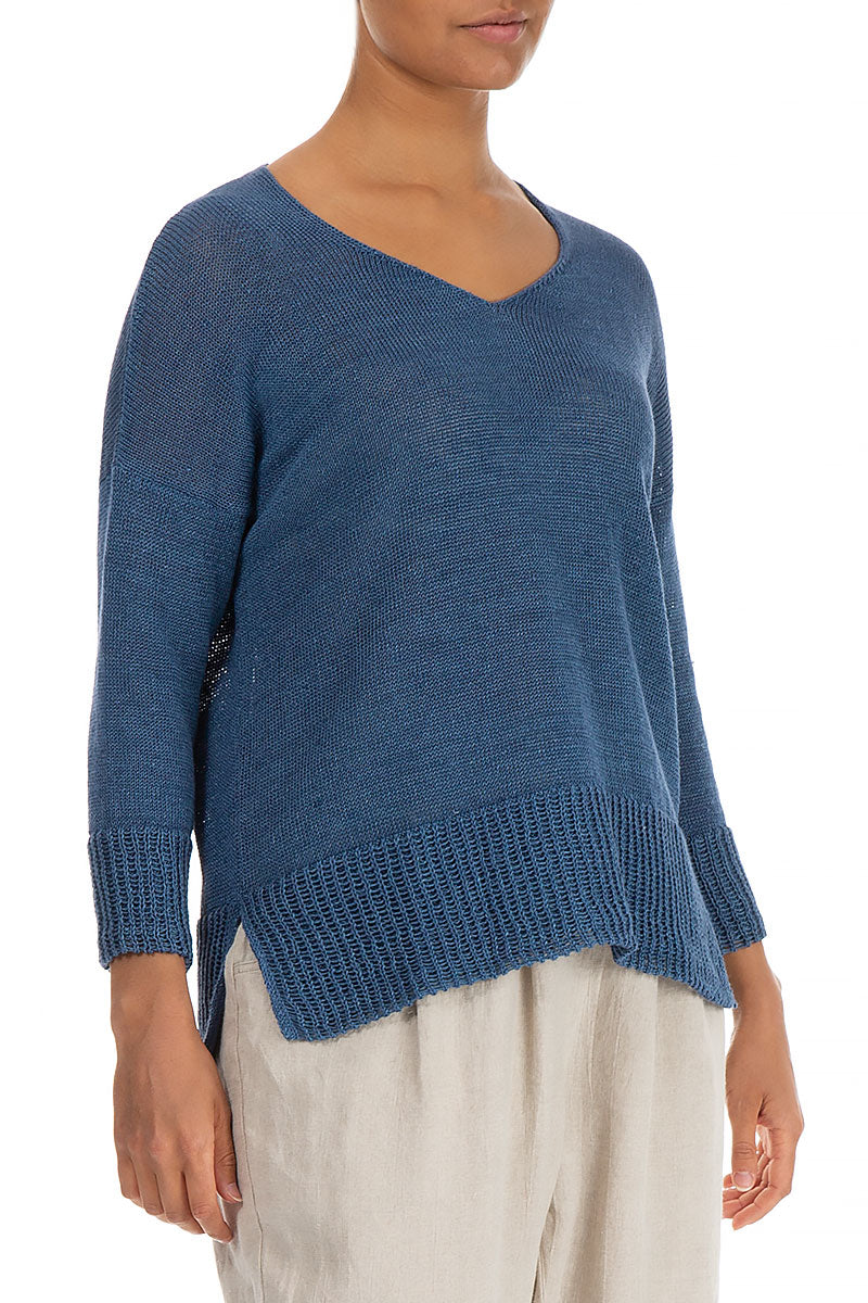 Ribbed Hem Blue Linen Jumper