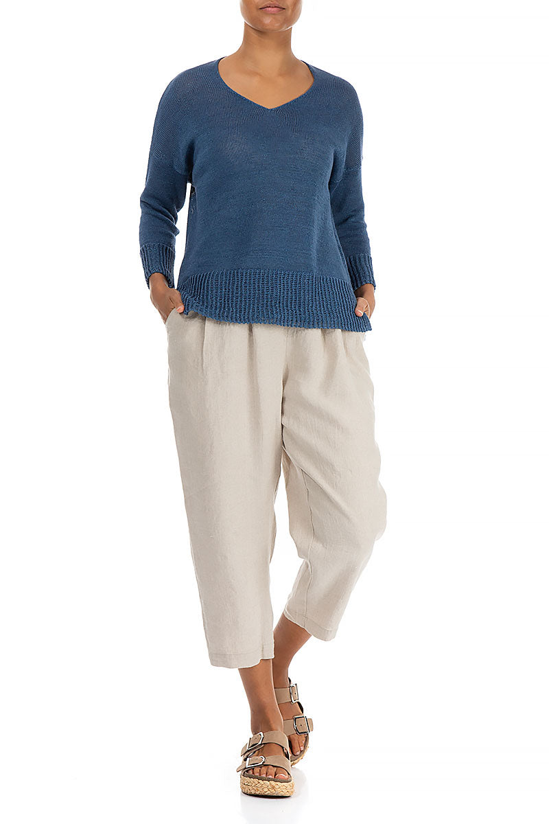 Ribbed Hem Blue Linen Jumper