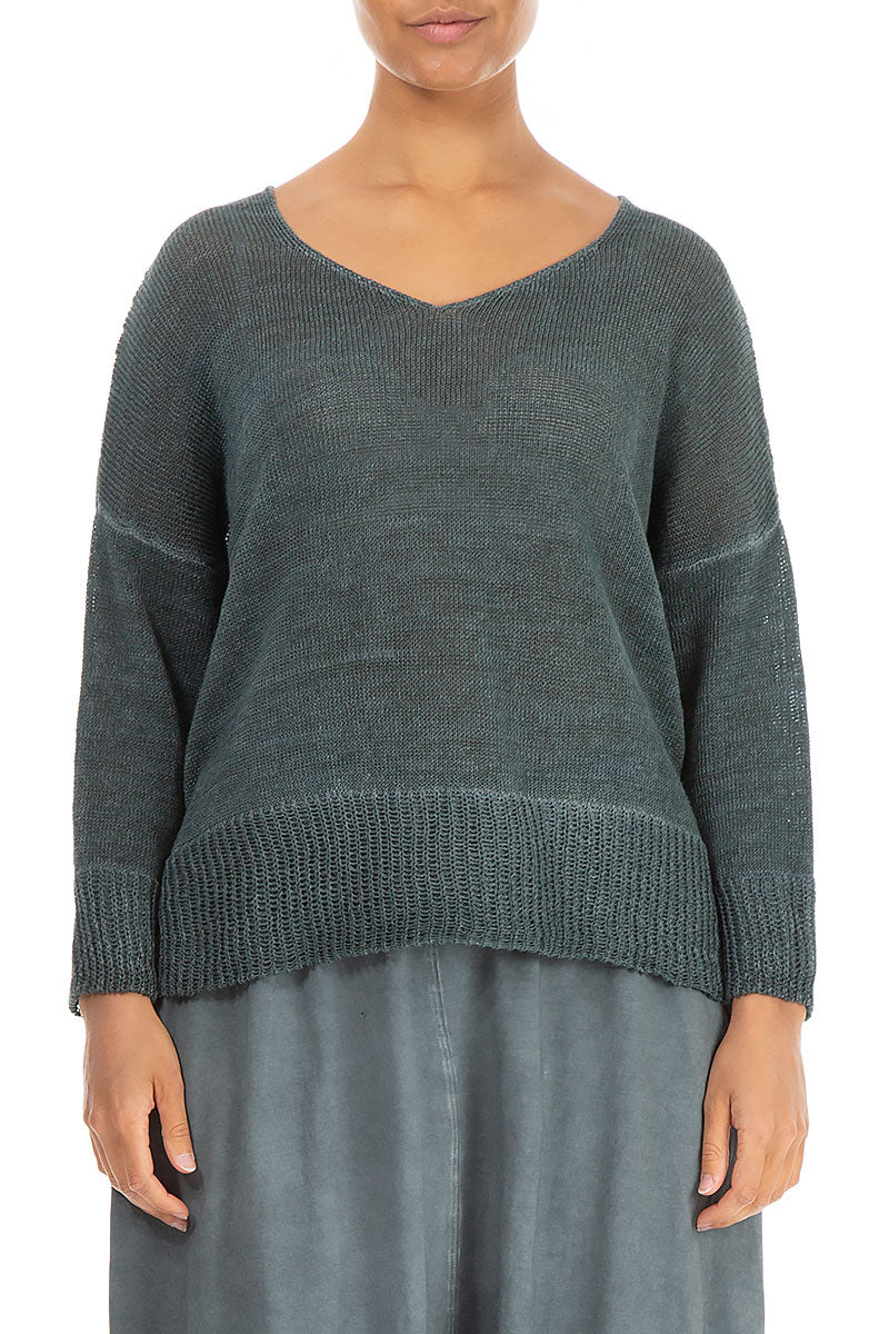 Ribbed Hem Washed Effect Graphite Linen Jumper