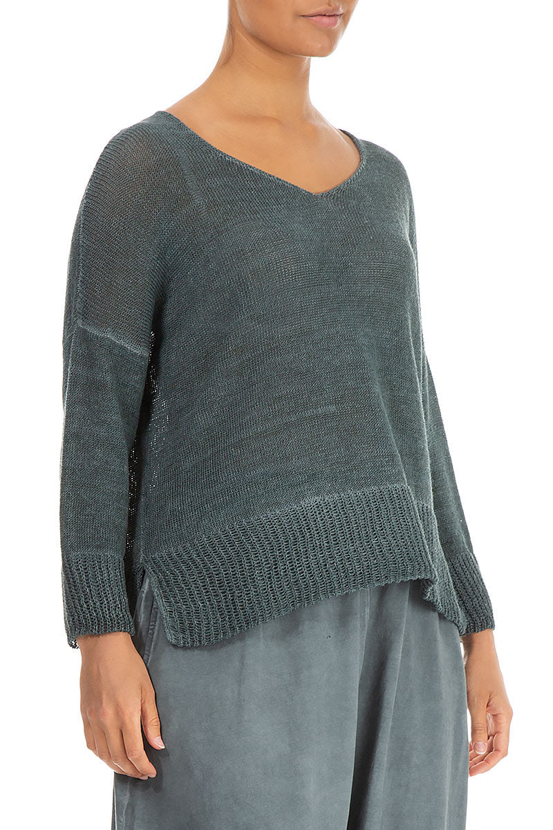 Ribbed Hem Washed Effect Graphite Linen Jumper