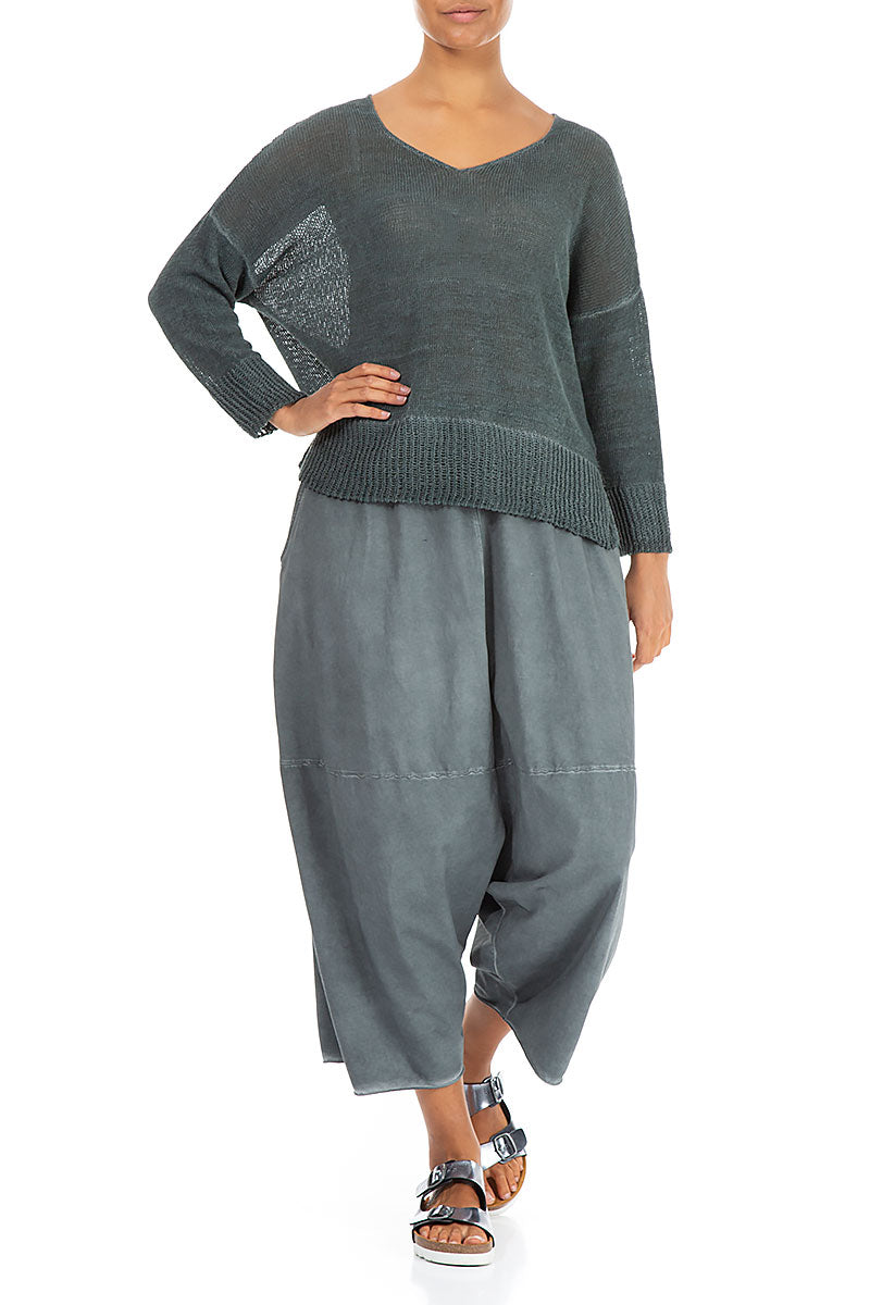 Ribbed Hem Washed Effect Graphite Linen Jumper