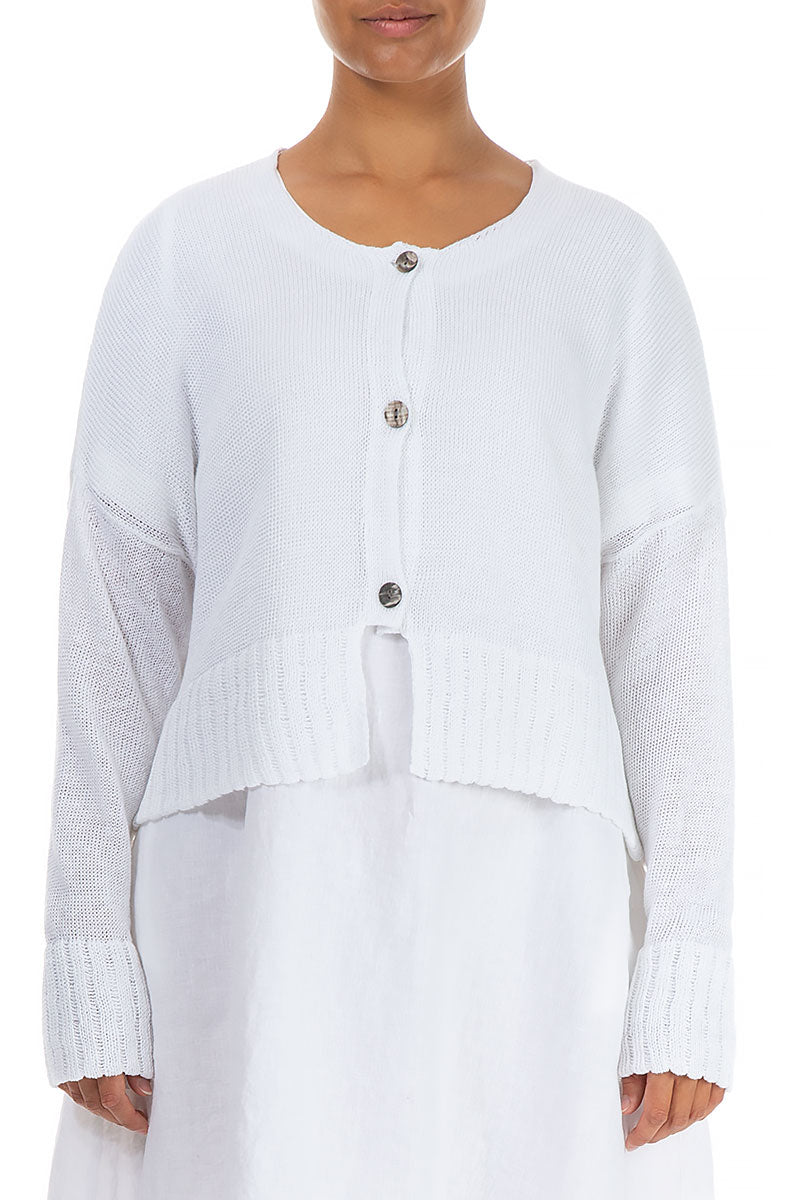 Ribbed Hem White Linen Cardigan