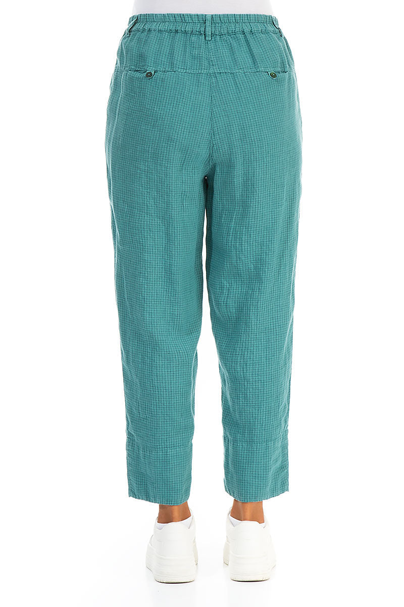 Roll Up Turquoise Grid Check Linen Trousers
