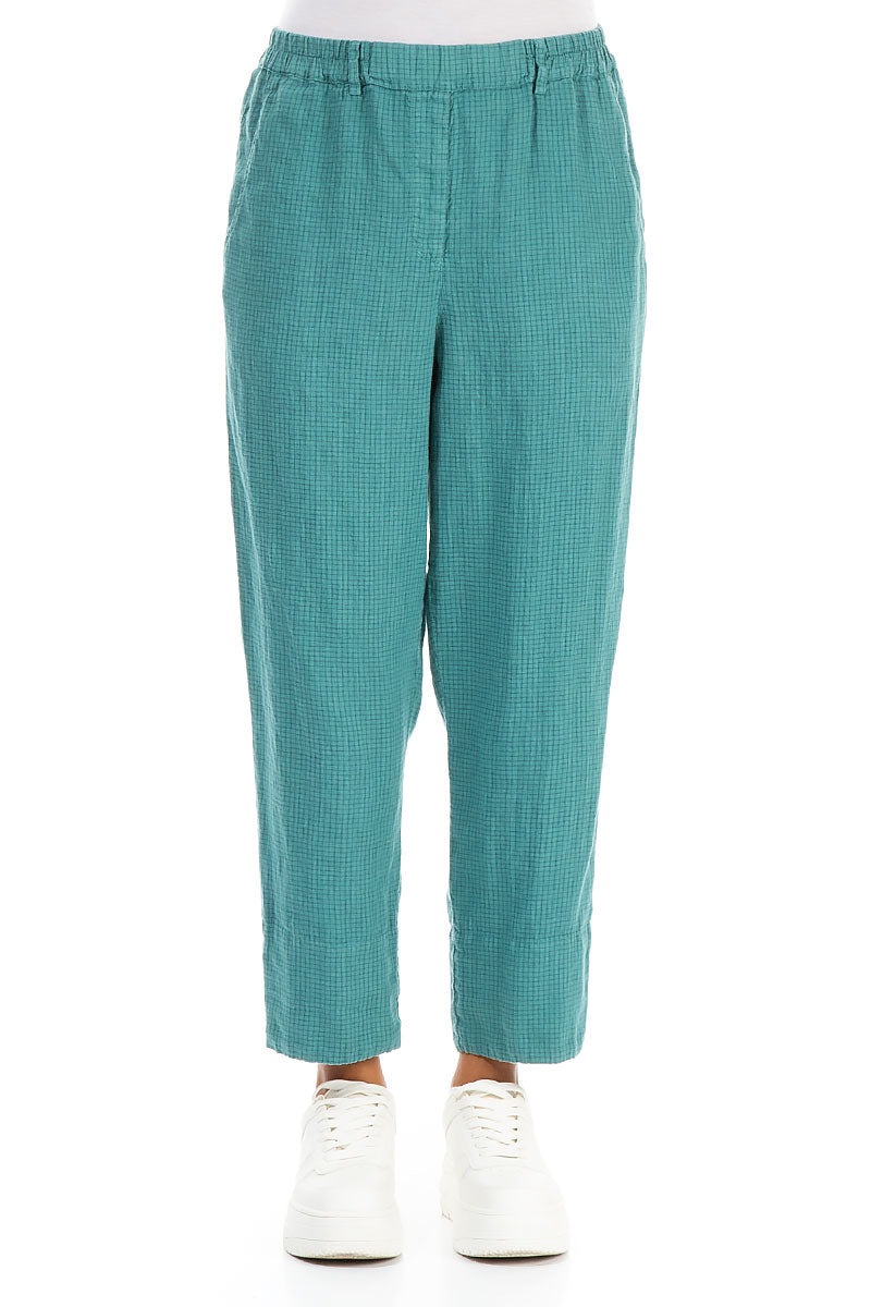 Roll Up Turquoise Grid Check Linen Trousers