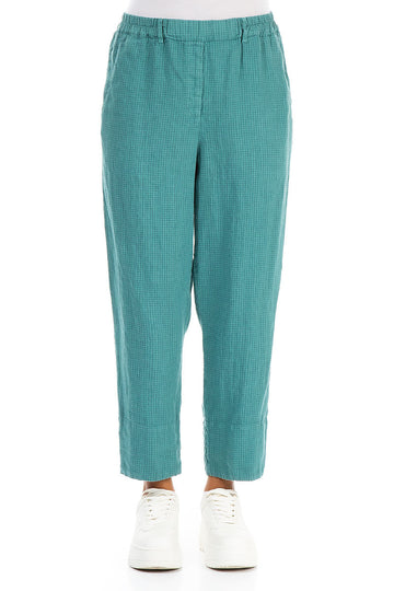 Roll Up Turquoise Grid Check Linen Trousers