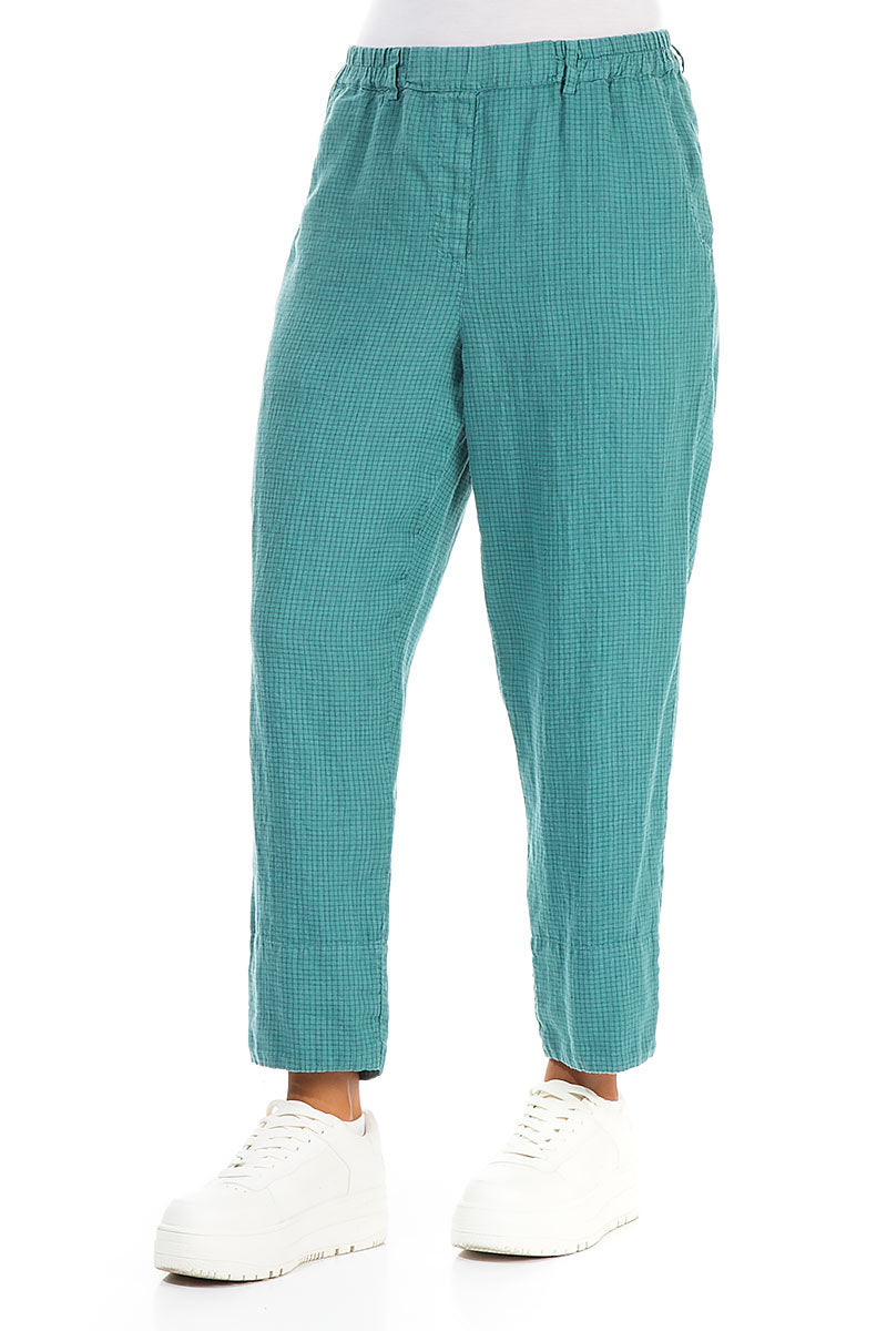 Roll Up Turquoise Grid Check Linen Trousers