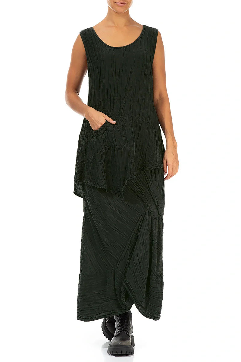 Ruched Crinkled Dark Khaki Silk Skirt