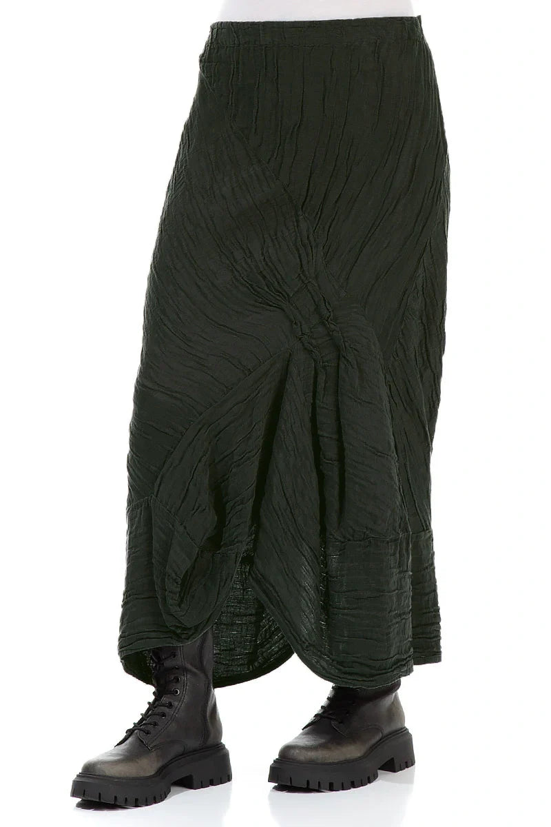 Ruched Crinkled Dark Khaki Silk Skirt