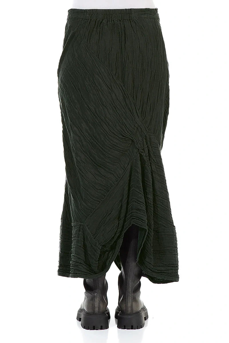 Ruched Crinkled Dark Khaki Silk Skirt