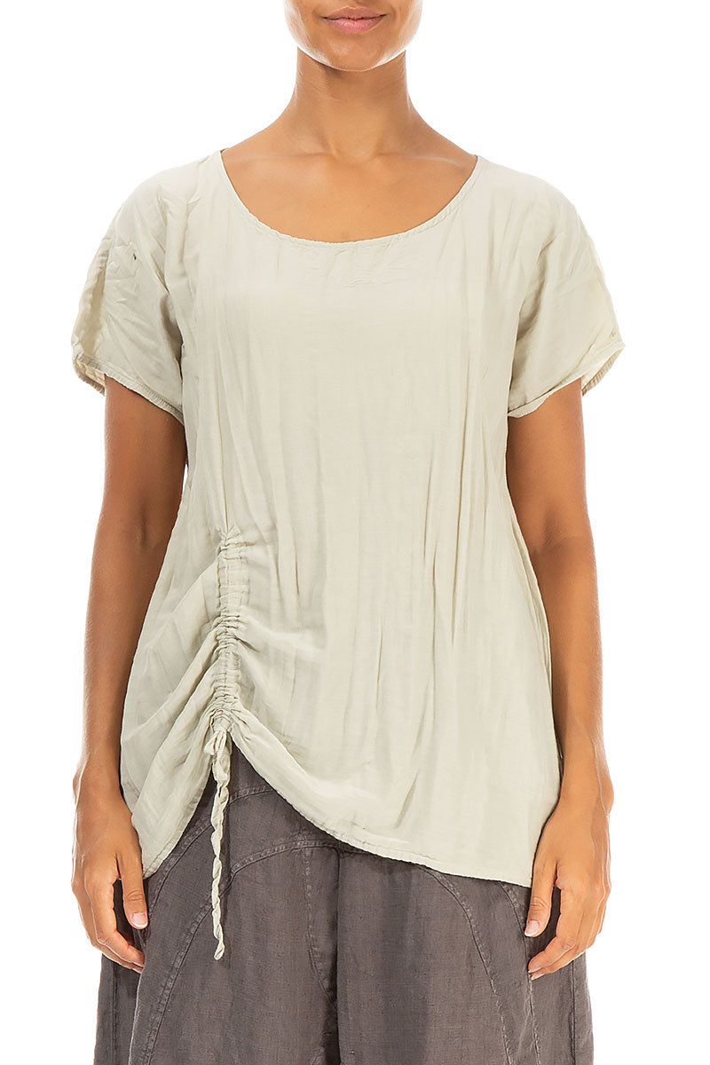 Ruched Side Crumpled Laurel Green Silk Cotton Blouse