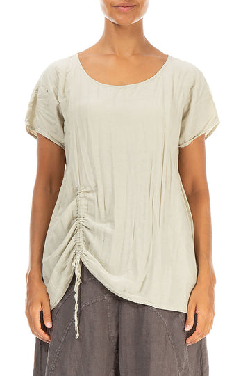 Ruched Side Crumpled Laurel Green Silk Cotton Blouse