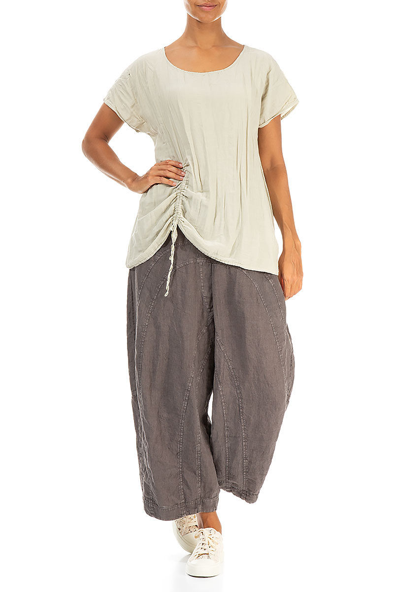 Ruched Side Crumpled Laurel Green Silk Cotton Blouse