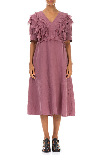 Ruffle Mauve Taupe Linen Dress