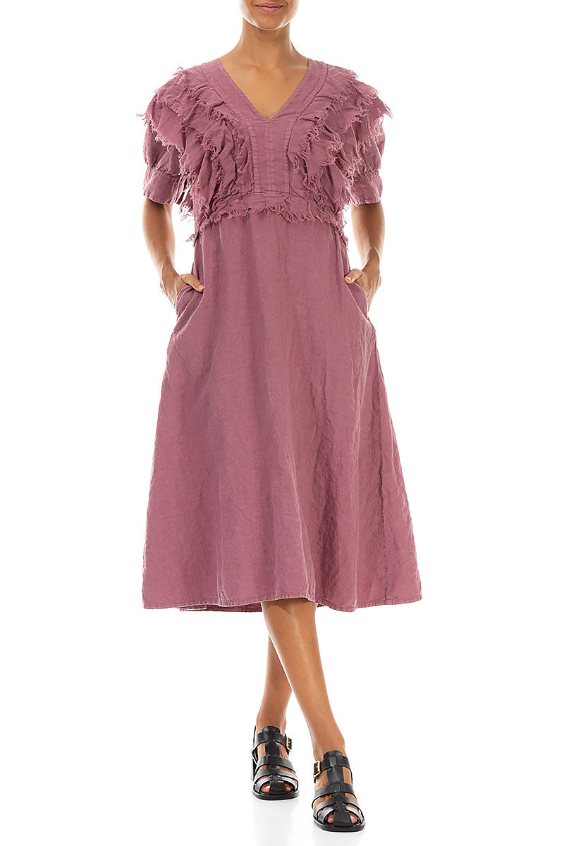 Ruffle Mauve Taupe Linen Dress