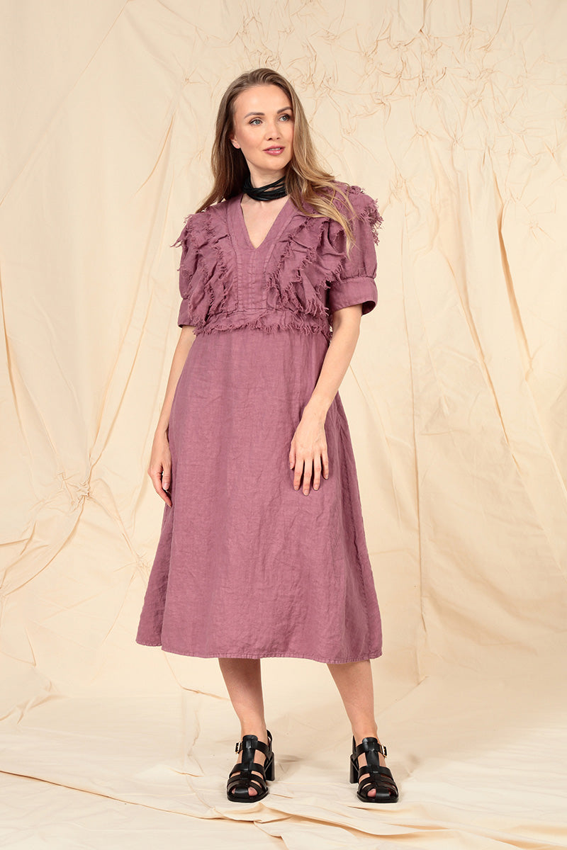 Ruffle Mauve Taupe Linen Dress