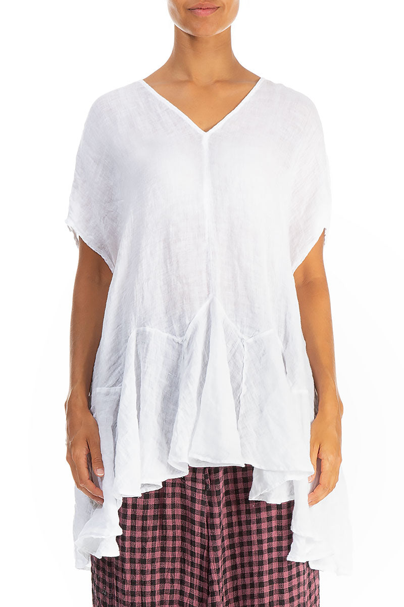 Ruffled White Gauze Linen Blouse