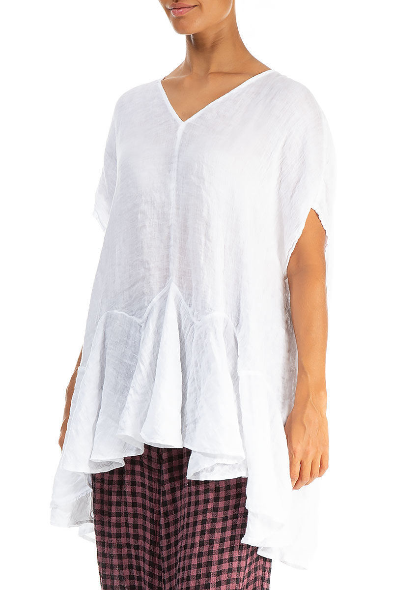 Ruffled White Gauze Linen Blouse