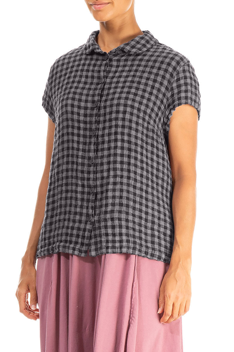 Short Sleeves Grey Check Linen Jacket 3