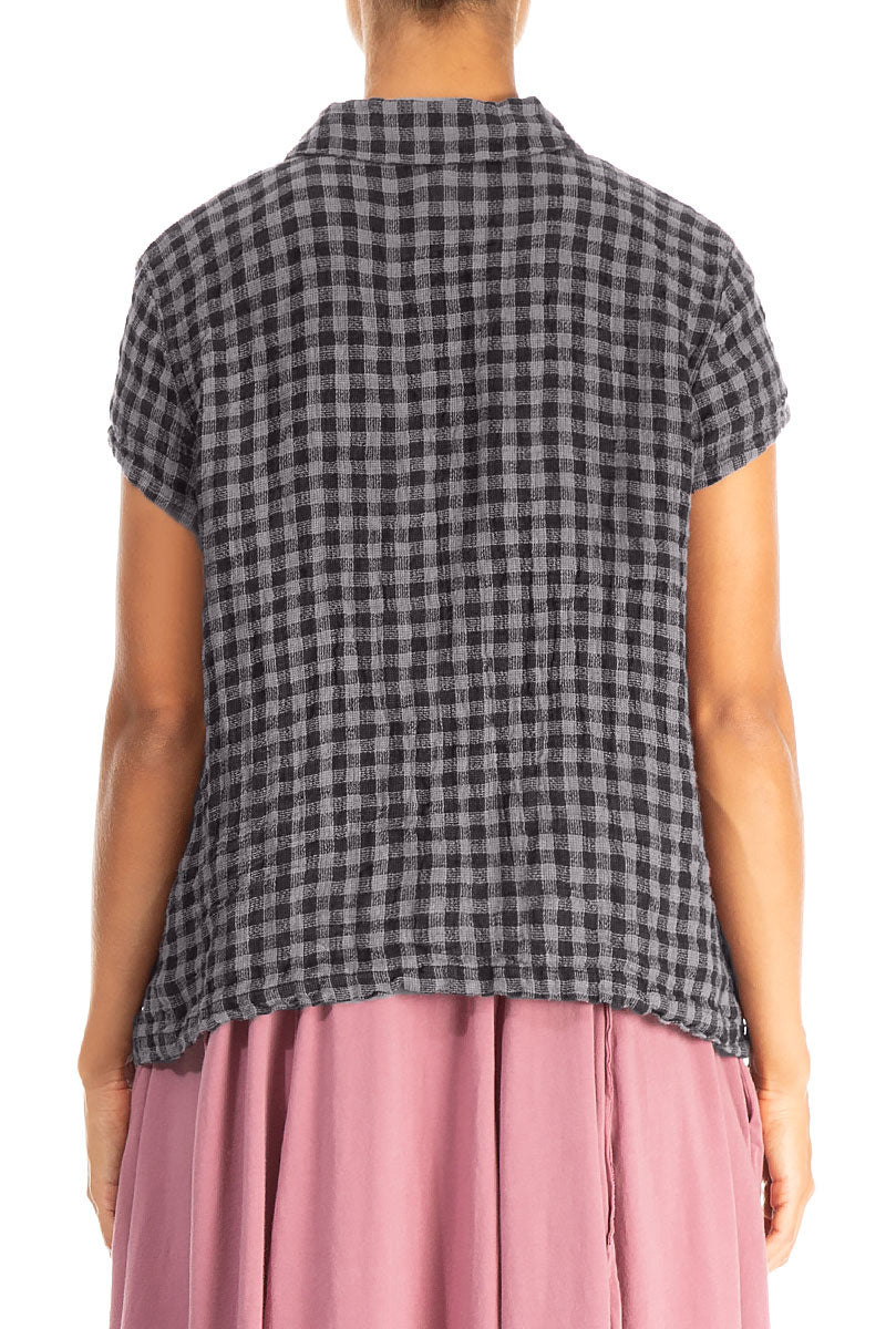 Short Sleeves Grey Check Linen Jacket 2