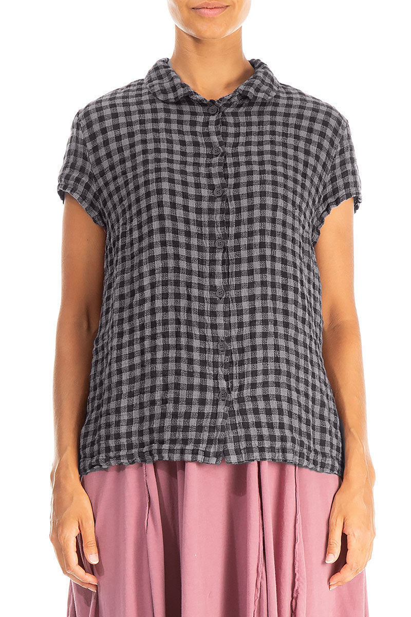 Short Sleeves Grey Check Linen Jacket 1