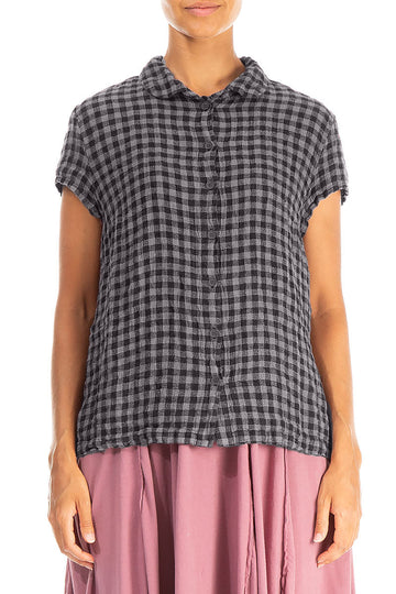 Short Sleeves Grey Check Linen Jacket 1