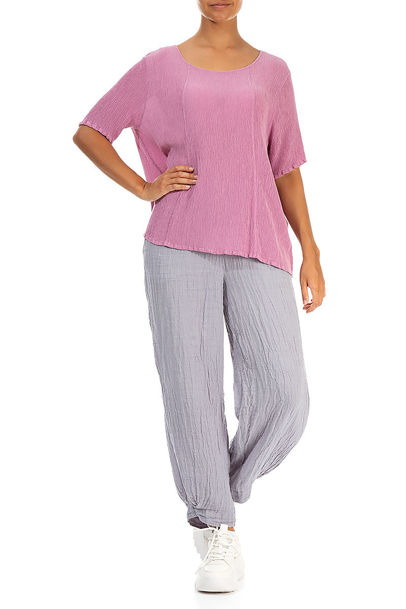 Short Sleeves Wild Berry Crinkled Silk Viscose Blouse