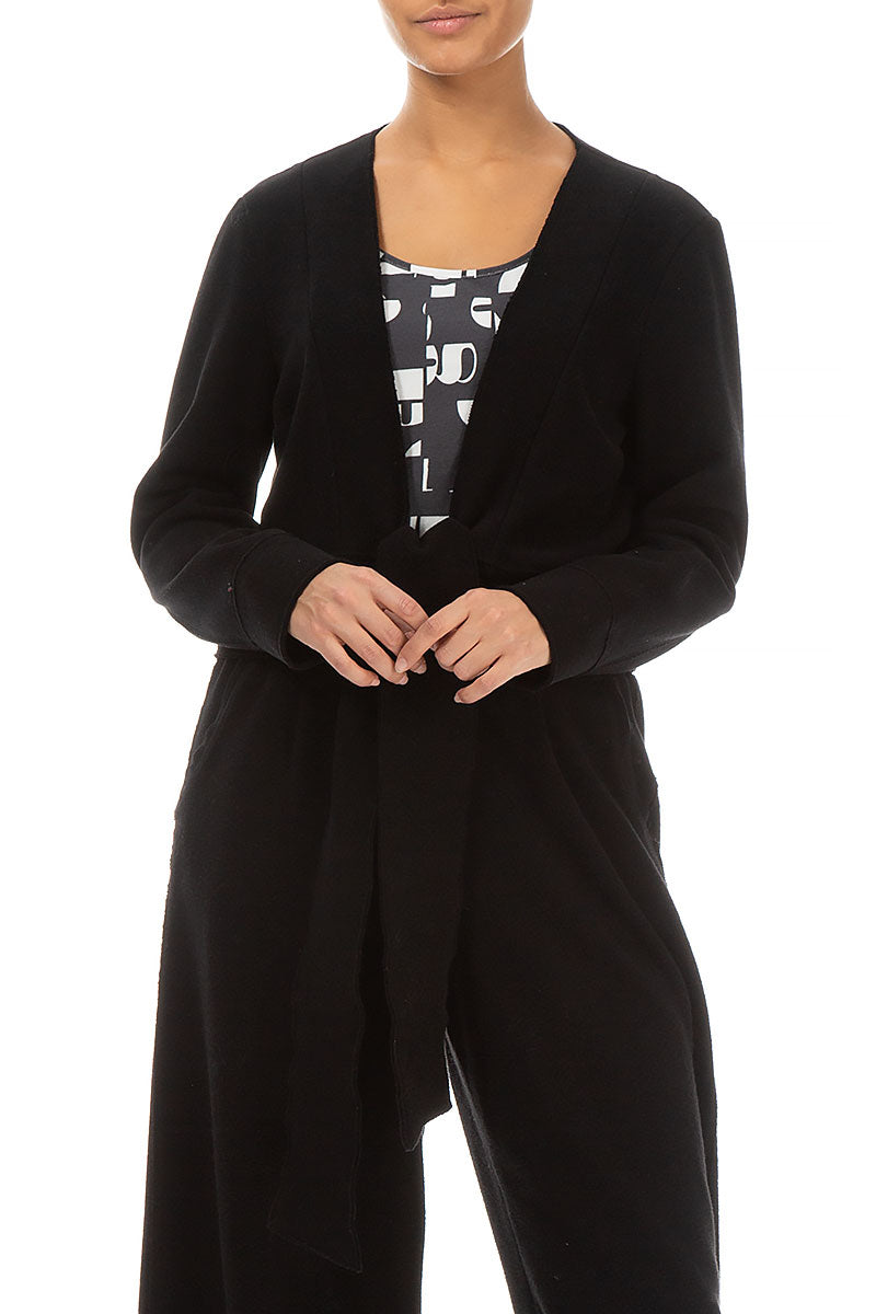 Short Tie Front Black Cotton Jersey Jacket