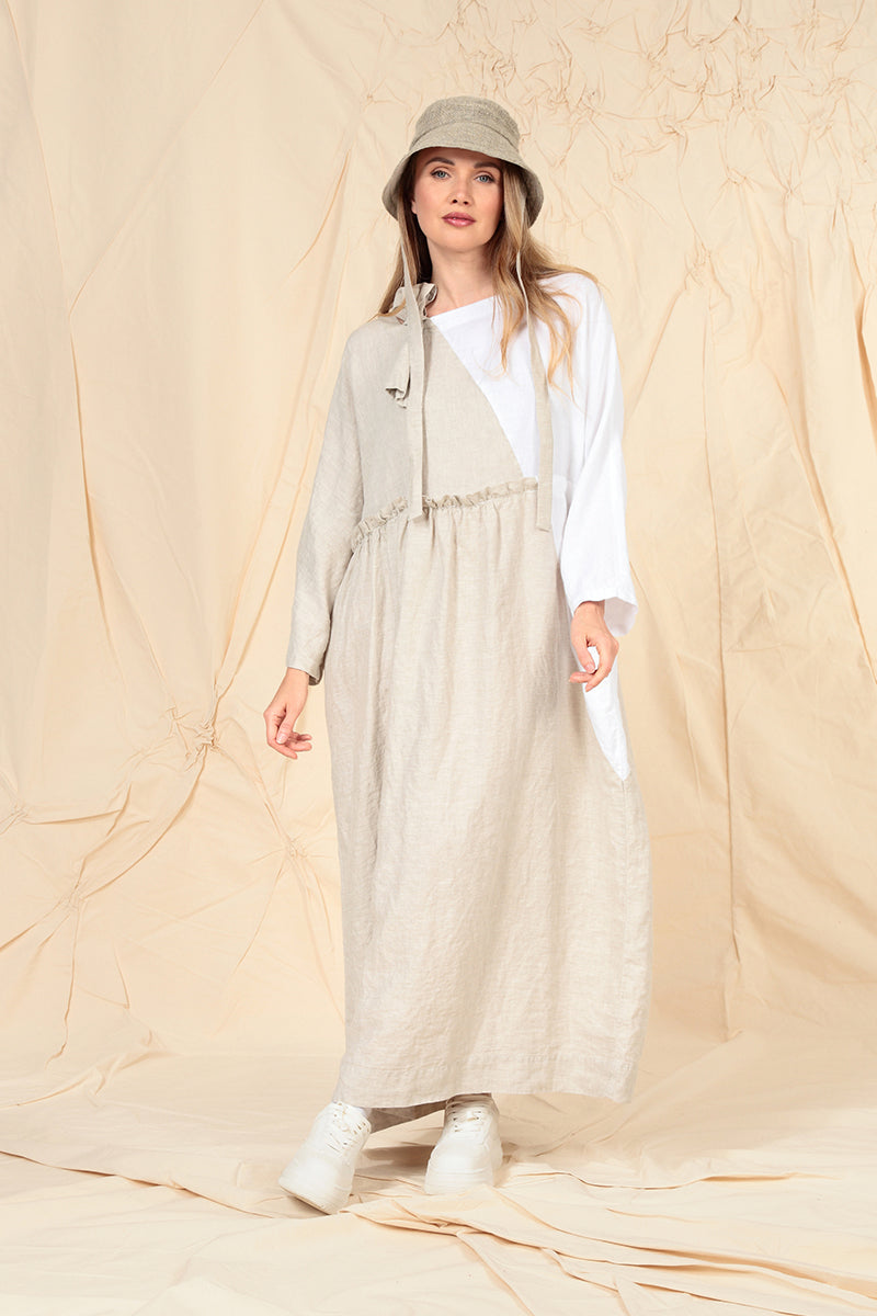 Side Ribbon Natural White Linen Dress