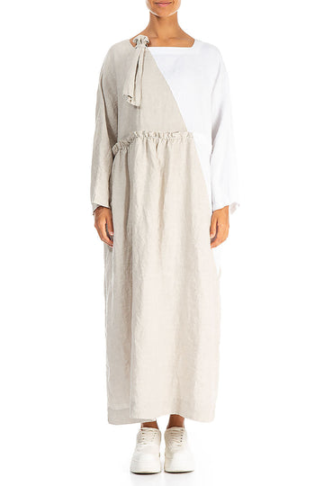 Side Ribbon Natural White Linen Dress