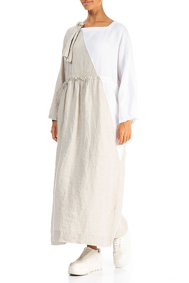 Side Ribbon Natural White Linen Dress