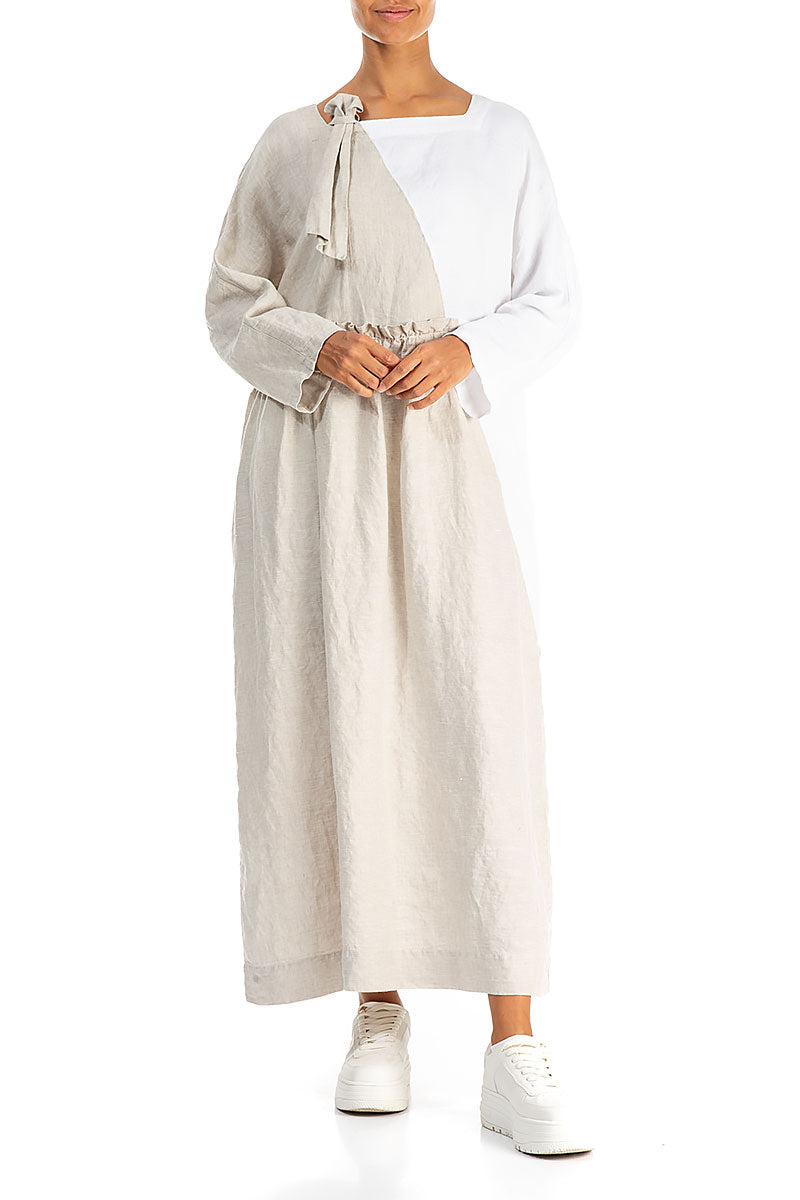 Side Ribbon Natural White Linen Dress