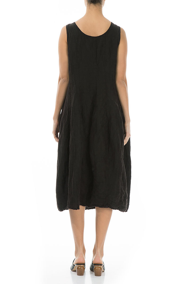 Sleeveless Balloon Crinkled Black Silk Dress